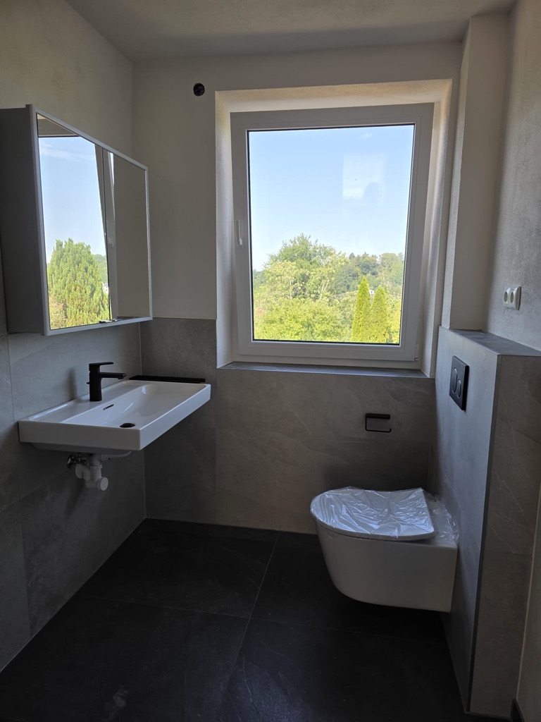 Gäste-WC mit Waschtisch, Spiegelschrank und Fenster