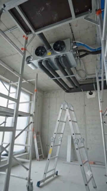Zentrale Lüftungsanlage mit zwei Ventilatoren unter der Rohbaudecke