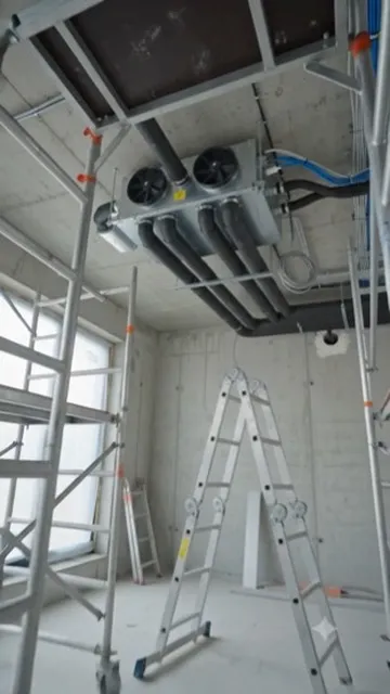 Zentrale Lüftungsanlage mit zwei Ventilatoren unter der Rohbaudecke